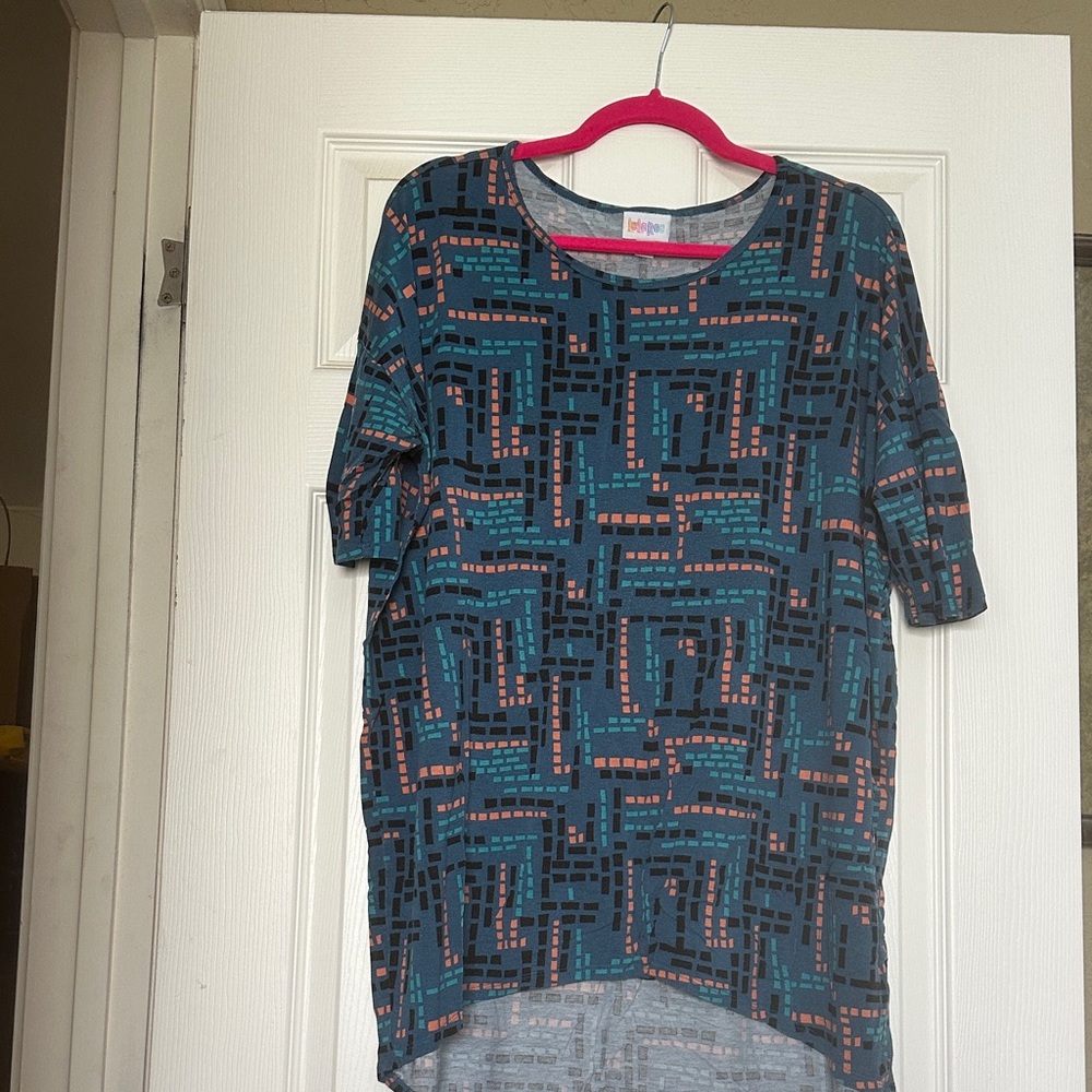 LuLaRoe Irma Geometric Patterned Tunic - Teal and Coral